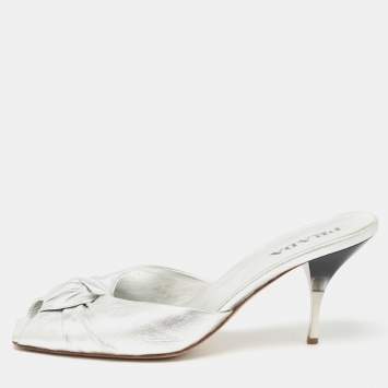 Pre Owned Prada Silver Foil Leather Knotted Square Peep Toe Slide Sandals Size 36