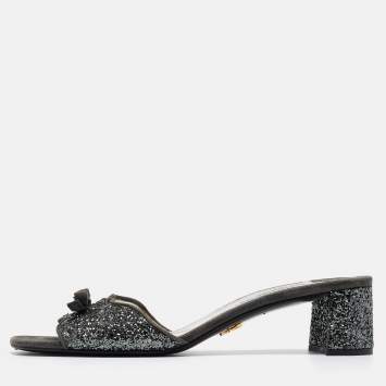 Pre Owned Prada Grey Coarse Glitter and Suede Bow Slide Sandals Size 39.5