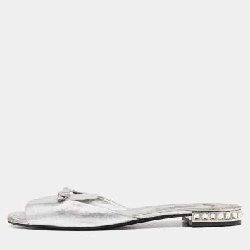 Pre Owned Prada Silver Leather Bow Flat Slides Size 39