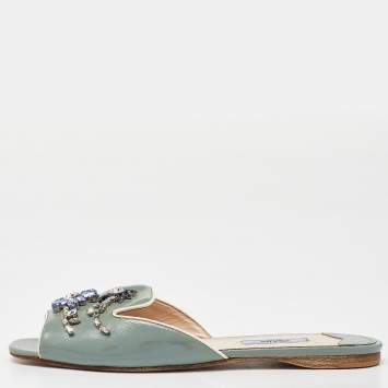 Pre Owned Prada Grey Patent Leather Crystal Embellished Flat Slides Size 38