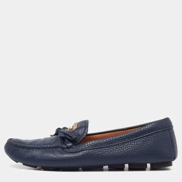 Pre Owned Prada Blue Leather Bow Slip On Loafers Size 36.5