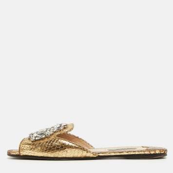 Pre Owned Prada Gold Embossed Python Crystal Embellished Flat Slides Size 38