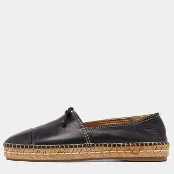 Pre Owned Prada Black Leather Bow Espadrille Flats Size 37.5 