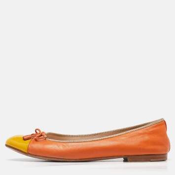 Pre Owned Prada Orange/Yellow Leather Bow Cap Toe Ballet Flats Size 38.5