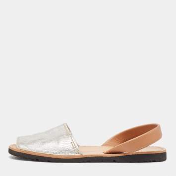 Pre Owned Prada Silver/Brown Leather Slingback Flats Size 40