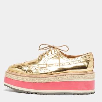 Pre Owned Prada Gold Leather Platform Derby Sneakers Size 35
