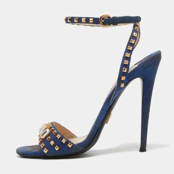Pre Owned Prada Blue Suede Crystal Embellished Ankle Strap Sandals Size 38