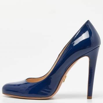 Pre Owned Prada  Blue Patent Leather Round Toe  Pumps Size 39.5
