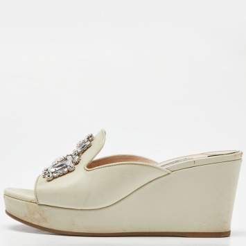 Pre Owned Prada Cream Saffiano Patent Leather Crystal Embellished Platform Wedge Sandals Size 38