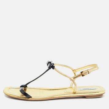 Pre Owned Prada Gold/Black Patent Leather Bow T Strap Flats Size 38.5  