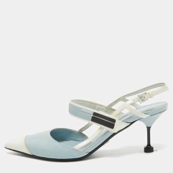 Pre Owned Prada Light Blue/White Leather and Rubber Pointed-Toe Slingback Pumps Size 37