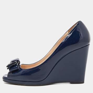 Pre Owned Prada Navy Blue Patent Leather Bow Peep Toe Wedge Pumps Size 37.5