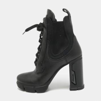 Pre Owned Prada Black Leather and Neopreme Block Heel Ankle Boots Size 39