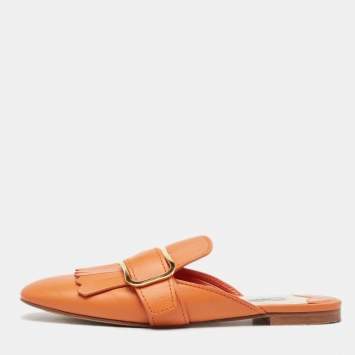 Pre Owned Prada Orange Leather Fringe Buckle Flat Mules Size 39.5