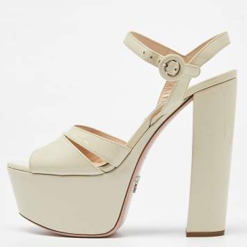 Pre Owned Prada Cream Patent Leather Platform Block Heel Ankle Strap Sandals Size 37.5