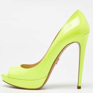 Pre Owned Prada Neon Yellow Patent Leather Platform Peep Toe Pumps Size 38.5