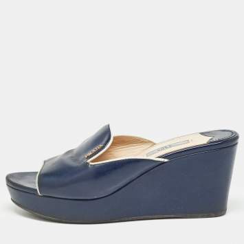 Pre Owned Prada Navy Blue Saffiano Patent Leather Logo Wedge Sandals Size 38
