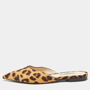 Pre Owned Prada Brown Leopard Print Calfhair Slide Mules Size 37