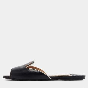 Pre Owned Prada Black Patent Leather Logo Embellished Flat Slides Size 37.5