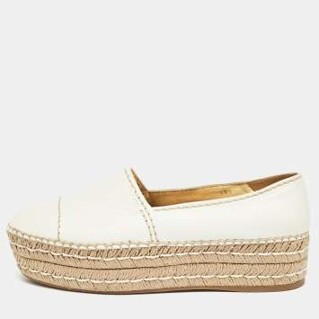 Pre Owned Prada White Leather Platform Slip On Espadrille Flats Size 40.5
