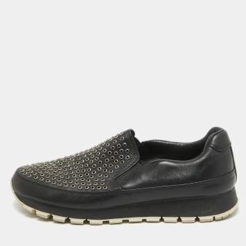 Pre Owned Prada Black Leather Studded Slip On Sneakers Size 40