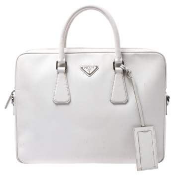 Pre Owned Prada White Saffiano Leather Briefcase