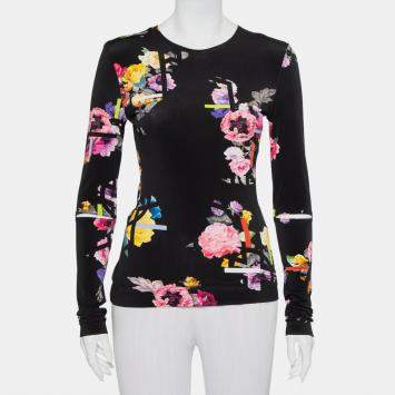 Pre Owned Preen by Thornton Bregazzi Black Floral Printed Jersey Cutout Sleeve Detail Top M
