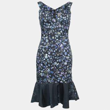 Pre Owned Preen by Thornton Bregazzi Blue Flower Print Cotton Morgan Flounce Dress S