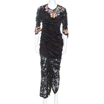 Pre Owned Preen Black Stretch Lace Embellished Detail Ruched Georgia Dress L