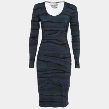 Pre Owned Preen by Thornton Bregazzi Blue Camouflage Print Jersey Long Sleeve Avery Dress S