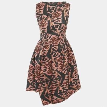 Proenza Schouler Black Printed Synthetic Asymmetric Midi Dress S