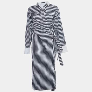 مملوكة مسبقًا Proenza Schouler Black / White Striped Cotton Cut -Out Wrap Around Shirt Dress M