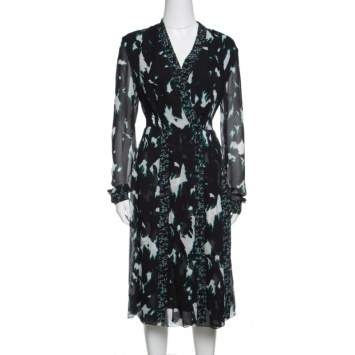 Pre Owned Proenza Schouler Black Printed Silk Pleated Long Sleeve Dress S