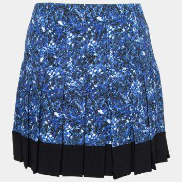 Pre Owned Proenza Schouler Blue and Black Micro Printed Silk Georgette Pleated Skirt S