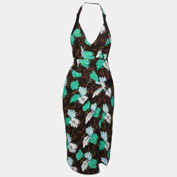 Pre Owned Proenza Schouler Brown Jungle Leaf Print Draped Halter Midi Dress S