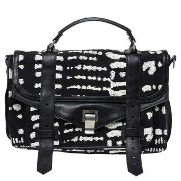 Pre Owned Pronza Schouler Black/White Leather and Canvas Medium PS1 Top Handle Bag