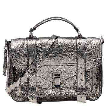 Pre Owned Proenza Schouler Metallic Silver Leather Medium PS1 Top Handle Bag
