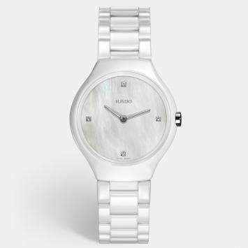 Pre Owned Rado White Mother Pearl Diamond High-Tech Ceramic True Thinline R27958902 Women's Wristwatch 30 mm