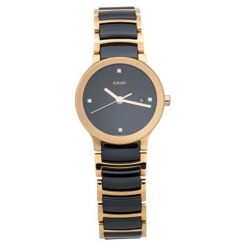 Pre Owned Rado Black Ceramic Gold PVD Coated Stainless Steel Diamond Centrix R30555712 Women's Wristwatch 28 mm