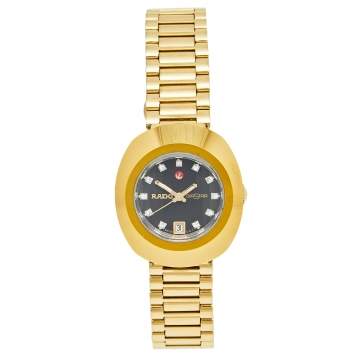 Pre Owned Rado Black Yellow Gold Plated Stainless Steel DiaStar R12416613 Women's Wristwatch 27 mm