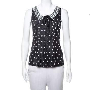 Pre Owned Louis Vuitton Black Polka Dot Printed Silk & Cotton Contrast Neck Detail Sleeveless Top XS