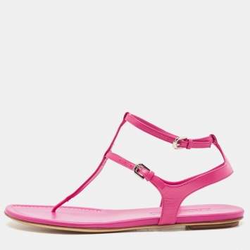 Pre Owned Ralph Lauren Collection Pink Leather Ankle Strap Thong Flat Sandals Size 40