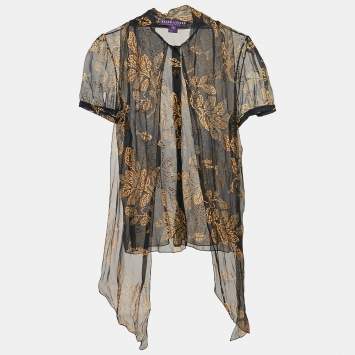 Pre Owned Ralph Lauren Collection Navy Blue/Gold Print Silk Ruffled Sheer Shirt M