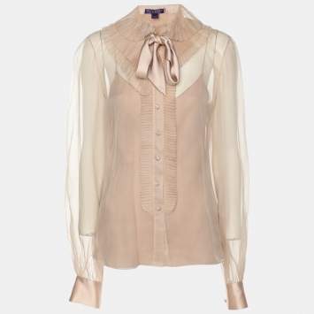 Pre Owned Ralph Lauren Collection Beige Silk Ruffled Detail Top S