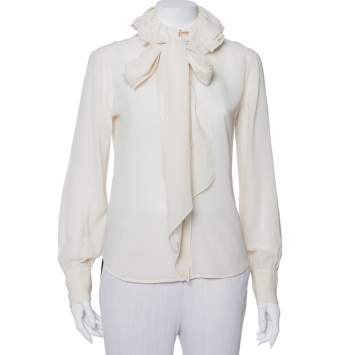 Pre Owned Ralph Lauren Collection Beige Silk Ruffed Belted Neck Detail Shirt S