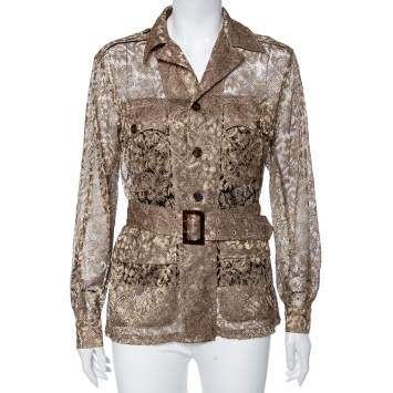 Pre Owned Ralph Lauren Gold Lace Long Sleeve Button Front Belted Jacket M