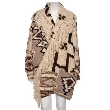 Pre Owned Ralph Lauren Beige Southwestern Patchwork Wool & Cashmere Hand Knit Cardigan L
