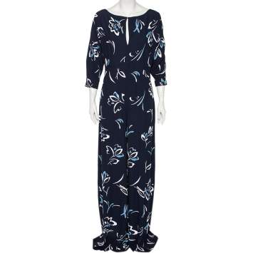 Pre Owned Ralph Lauren Midnight Blue Embellished Crepe Hollins Jumpsuit M