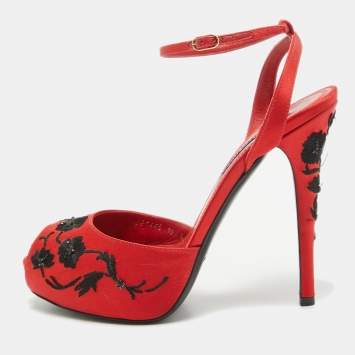 Pre Owned Ralph Lauren Collection Red/Black Embroidered Satin Platform Sandals Size 40