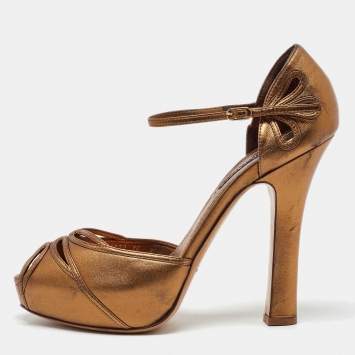 Pre Owned Ralph Lauren Collection Gold Leather Platform Ankle Strap Sandals Size 40